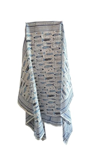 India Hand Block Print 100% Pure Cotton Beautiful Fish Printed Sarong Women Beach Bikini Pareo Cover Size 44X72 Inch 0015