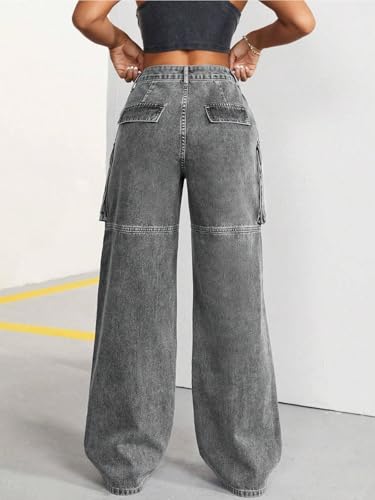 Image of GRECIILOOKS Women's Stretch Denim Wide Leg Jeans | Comfort Fit, Straight Cut, Casual Style | Baggy Cargo Style Casual Pants