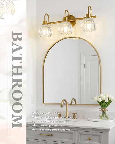 Image of 3-Light Gold Bathroom Vanity Light with Clear Tulip Glass Shade | 21 Inch Bathroom Lights Fixtures, Brass Vanity Lighting Fixtures Over Mirror, E26 Base, ETL Listed, AD-22282-3W-GD-C