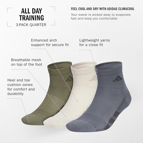 Image of adidas Men's All Day Training Quarter Socks sports performance above the ankle height with cushioning for running (3-Pair)