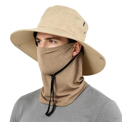 Image of GUSTAVE UV Sun Protection Hat with 2 in 1 Face Cover Neck Gaiter, Wide Brim Round Cap with Ice Silk Nylon Breathable Mesh Mask, UV Protection Fishing Hiking Cycling Outdoor Cap Set Light Khaki