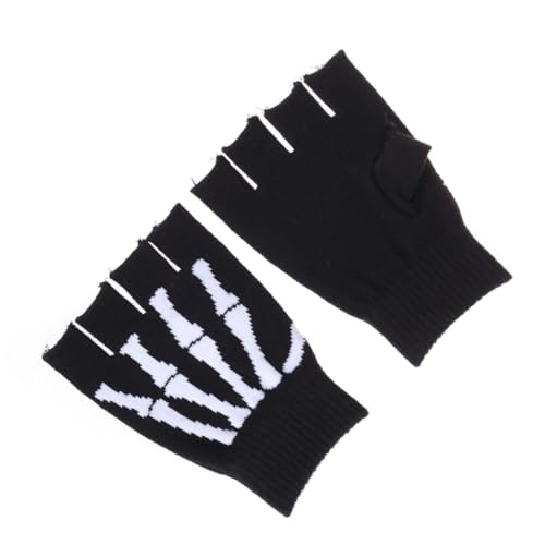 LIFKOME Halloween Skeleton Football Gloves Half Finger Knit Gloves Finger Skeleton Pattern Warm Winter