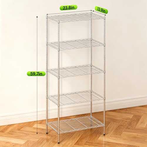 Image of BestOffice | 5-Tier Wire Storage Shelves | 14 x 24 x 60 | Chrome | with Adjustable Racks | Metal Shelf, Holds Upto 500 lbs | No-Tool Assembly | Ideal for Home & Garage Shelving