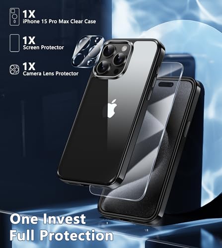 Image of FNTCASE for iPhone 15 Pro-Max Case: Clear Phone Cases Compatible with Magsafe Slim Anti Yellowing Military Grade Drop Protection Rugged Shockproof Protective Transparent Cell Cover (D-Black)