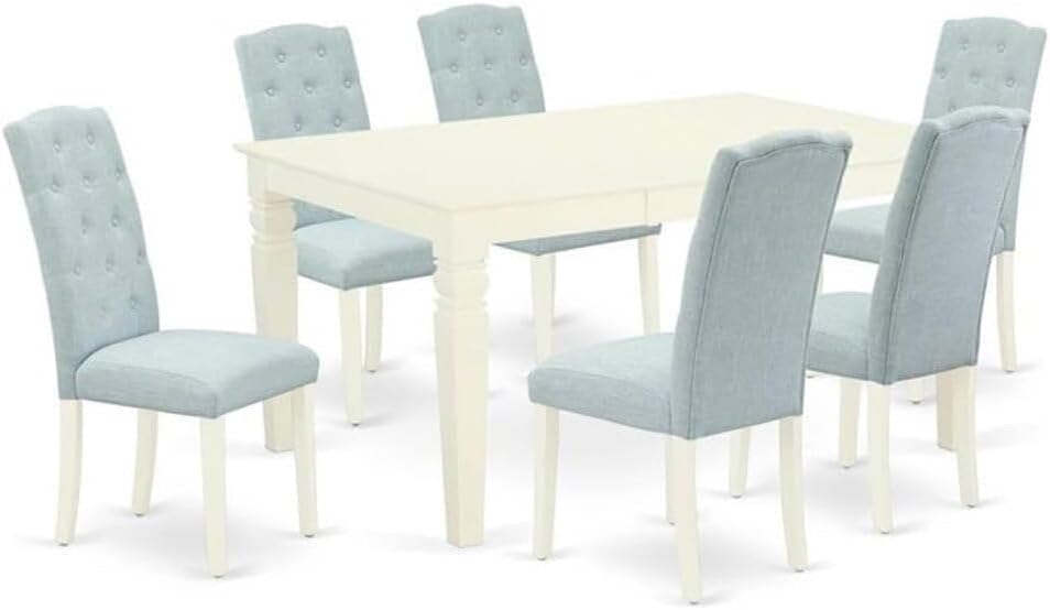 HomeStock 7 Piece Modern Dining Table Set Consist of an Oval Wooden Table with Leaf and 6 Gray Linen Fabric Parsons Dining Chairs, 42x60 Inch, Linen White