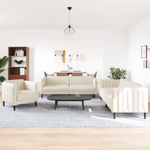 vidaXL Sofagarnitur 3-TLG., Sessel Couch Sofa für Wohnzimmer, Loungesofa Polstersofa mit Stützbeinen, Couchgarnitur Sitzmöbel, Modern, Creme Stoff – Bild 3