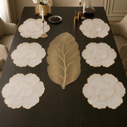 Image of Dakshya Industries PVC Waterproof Round Table Placemats & Table Runner Combo | 6 Round Mats (38 x 38 cm) + 1 Runner (91 x 33 cm) | Heat Resistant, Washable, Non Slip (Goldenza)