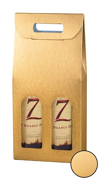 ZT Packaging 2 Bottle Carrier - Oro, Spun Matte Gold Linen. 7 x 3.5 x 15 Italian Gift Wine Boxes; 30Pcs Wine Bottle Boxes with Handles and Arch Windows