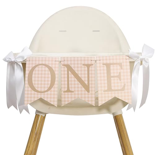 Brown Gingham One High Chair Banner - Khaki and White First Birthday Banner for Boy, Brown Check One Garland, Beige Gingham Photo Props, Boys 1st Birthday Decorations with White Bow Knot