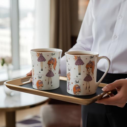Image of U.P.C.Milk Mug Set of 2 | Ceramic & Bone China Coffee Milk Cups | Designer Printed Tea Coffee Mug Set | Large Capacity Milk Mugs | Microwave Safe Cup Set | Drinkware Gift Set (Girl Doll - Purple)
