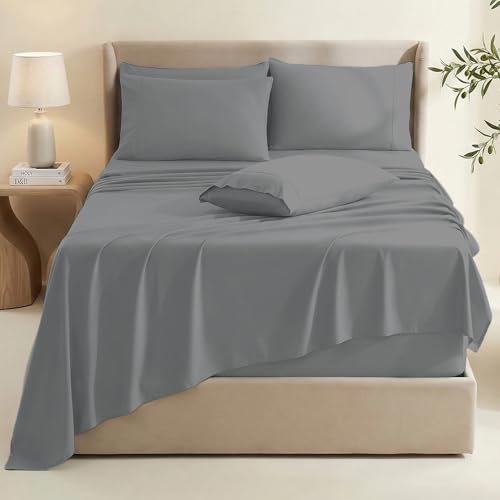 Image of Hearth & Harbor Bed Sheets, Luxury Soft 6 Piece Bed Sheet Set Extra Deep Pocket Fitted Sheets Fits Mattress up to 21 inch, Double Brushed Bedding Sheets & Pillowcases, King, Frost Gray