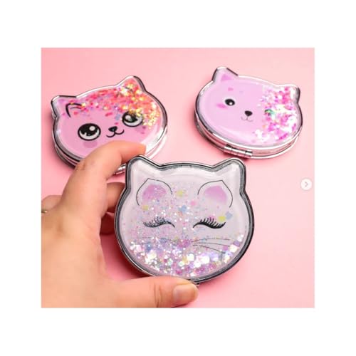 Kedi Tasarımlı Simli Sulu Kapaklı Cep ve Çanta Aynası