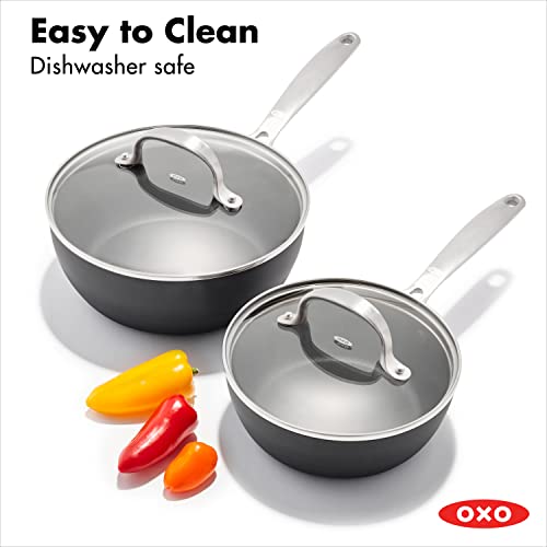Image of OXO Good Grips Pro 1QT and 2QT Saucepan Pot Set with Lids, 3-Layered German Engineered Nonstick Coating, Stainless Steel Handles, Black