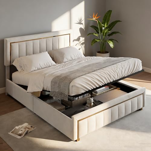 HYNHXBP Lit Coffre 140x190 cm avec Sommier, Tête de Lit en Velours avec Détails, Lit rembourré avec sommier à Lattes, Lit 2 Personnes, pour Adultes et...