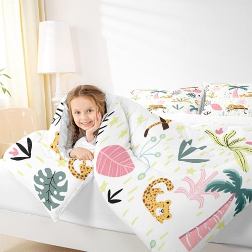 Image of Feelyou Leopard Comforter Set Toddler Size Kids Toddler, Cute Leopard Comforter Set Toddler Size Cartoon Cheetah Print Comforter Tropical Plants Duvet Set Durable Quilt Set