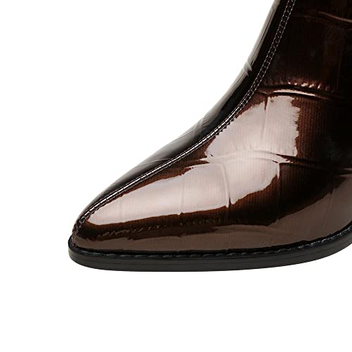 TinaCus Handmade Women's Patent Leather Glittering Plaid Printed Pointed Toe Side Zipper Mid Block Heel Ankle Boots Shoes3