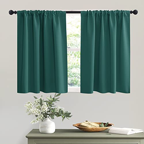 RYB HOME Blackout Curtains for Bathroom - Solid Light Block Blinds Privacy Light Block Drapes for Kitchen Cabinet Kids Nursery Bedroom Laundry Cafe Window Decor, W 42 x L 36, Hunter Green, 1 Pair