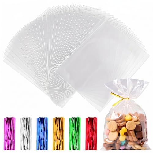 100 Stück Cellophantüten Klein 15x25 cm Zellophantüten Tütchen Transparent Kleine Tüten für Süßigkeiten Zellophanbeutel mit 100 bunten Krawatten für Brot Kekse Kindergeburtstag Gastgeschenke Tütchen