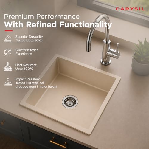Image of Carysil DOLCE UK Quartz Kitchen Sink 15 x 18 x 8 inches, Single Bowl, 80% Quartz & 20% Resin, Heat Resistant 300C, 50kg Load, Scratch & Stain Resistant, Granite Sink, 304 SS Coupling - Cream
