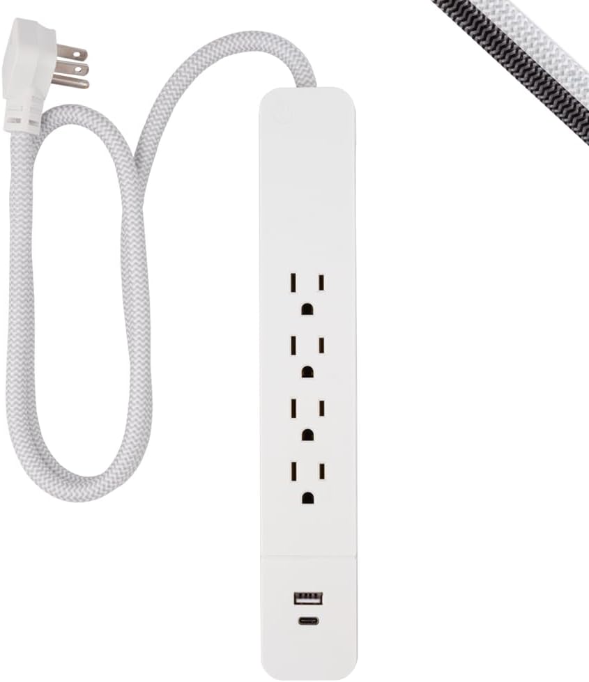 GE UltraPro 4 Outlet Surge Protector, USB-C Charging, 3 ft Designer Braided Cord, 1060 Joules, ETL Listed, White, 41354