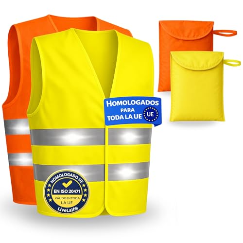 LiveLaif Pack 2 Chaleco Reflectante Homologado DGT ISO 20471 + 2 Fundas Grandes | Chaleco Trabajo Alta Visibilidad Amarillo + Naranja | para Coche, Moto, Obra y Emergencias | Talla Única Unisex