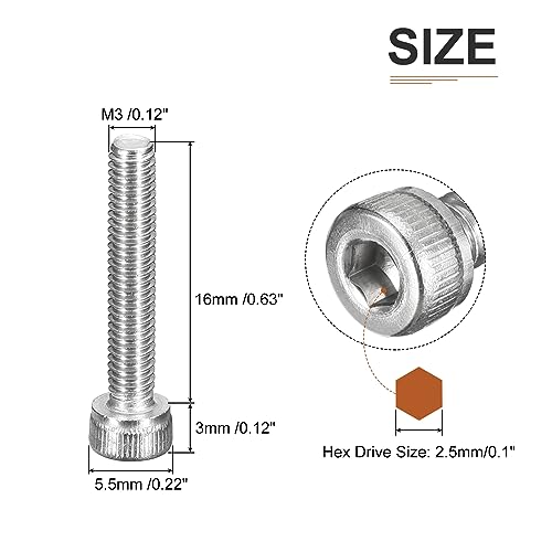 DTGN M3x16mm Socket Head Cap Screws Bolts, 100Pcs 304 Stainless Steel 18-8, Metric Machine Hex Socket Screw, Hex Drive - Image 2