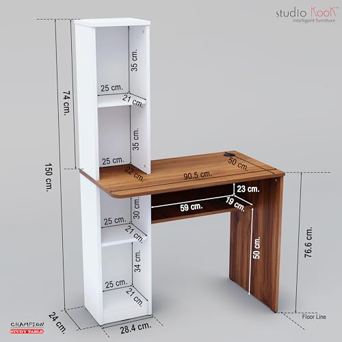Image of Studio Kook Champion Engineered Wood Study Table with Storage, Matte Finish, 5 Shelves (Moonshine White Amber Walnut)