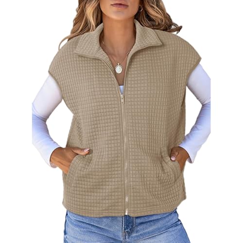 Kubbon Womens Vest Tops Sleeveless Waffle Knit Jacket Full Zipper Fall Lightweight Sweatshirts Stand Collar Gilet Vest