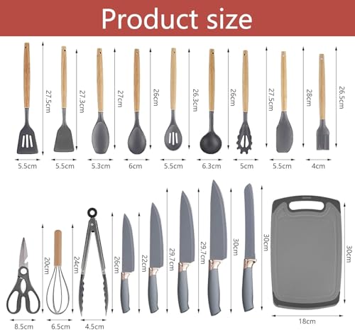 Set Coltelli da Cucina, pacchetto di utensili da Cucina da 19 pezzi, comprende 5 coltelli e 13 utensili da cucina in silicone, oltre a 1 scatola di stoccaggio (grigio) - immagine 3