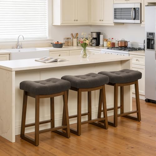 Image of Bar Stools Set of 3, Backless Counter Height Bar Stools, 24 Inch Modern Saddle Bar Stools with Walnut Legs & Upholstered Fabric Seat, Wooden Counter Stools for Kitchen Island, Home Bar, Brown