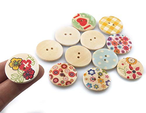 Allinone 30Pcs Assorted 2 Holes Round Flower Painted Wooden Sewing Buttons 30Mm (1.18") #TOP4