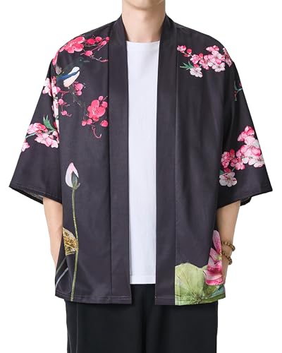Image of PRIJOUHE Men's Lightweight Kimono Jacket Seven Sleeve Open Front Cardigan Coat Japanese Style Bathrobe