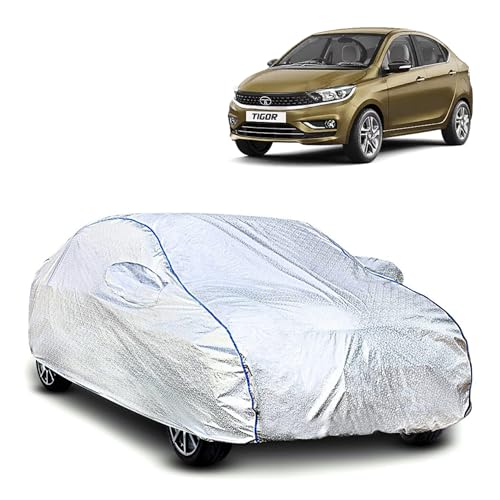 Image of Kerwa Car Body Cover Waterproof Compatible with TATA Tigor | Scratch Proof, Anti-Dust, UV Protection | Windproof Buckle Strap | Fitted Bottom Elastic | Side Mirror Pockets-Silver