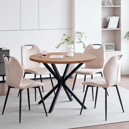 GrandCA HOME Ensemble Table et Chaises de Salle à Manger, Table Ronde Moderne de 100 cm avec 4 Chaises Recouvertes de Lin, Convient Aux Salles à Manger et...
