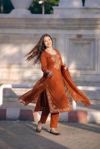 Image of ANNI Designer Women's Rayon Viscose Embroidered Straight Kurta with Pant & Dupatta | Ethnic Kurta Set for Festive, Casual & Office