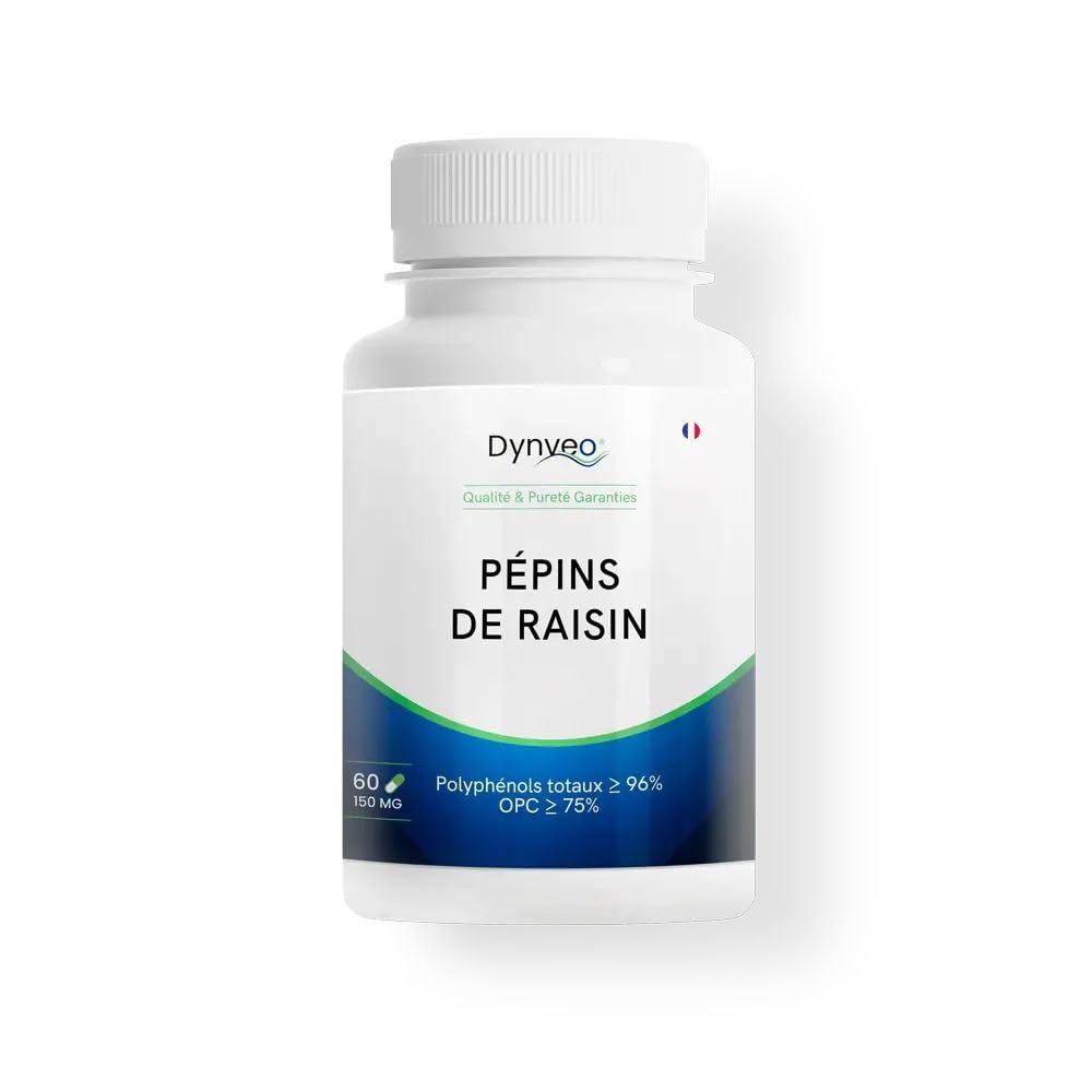 Extrait Pépins de Raisin OPC - Antioxydant, Circulation & Peau - 96% Polyphénols, 75% min. OPC - Ultraconcentré Ratio 150:1-150 mg - 60 Gélules (1 Gélule/Jour = 2 Mois) - Origine France - Dynveo