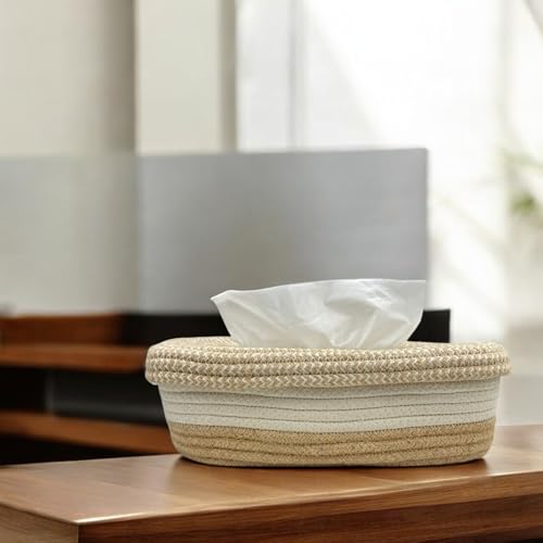 Image of BOBBINY Jute Cotton Tissue Box Holder, Handcrafted Tissue Container for 100 Pulls Natural Tissue Holder for Office Living Bedroom Car Desk Dining Table Home Decor (Off White & Brown, Design 7)