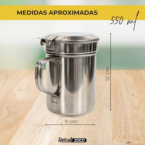 Miniatura 3 de Chefzoco Grasera De Pescado, Aceiteras Para Aceite Usado, Recipiente Aceite Con Filtro Metálico, Apto Para Aceite Caliente, Conserva El Aceite Sin Impurezas, Capacidad 550 Ml, Acero Inoxidable
