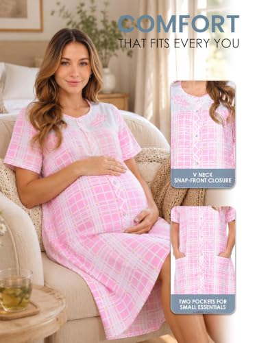 Image of Casual Nights Women's Snap - Front House Dress Short Sleeve Woven Housecoat Duster Lounger Robe with Pockets