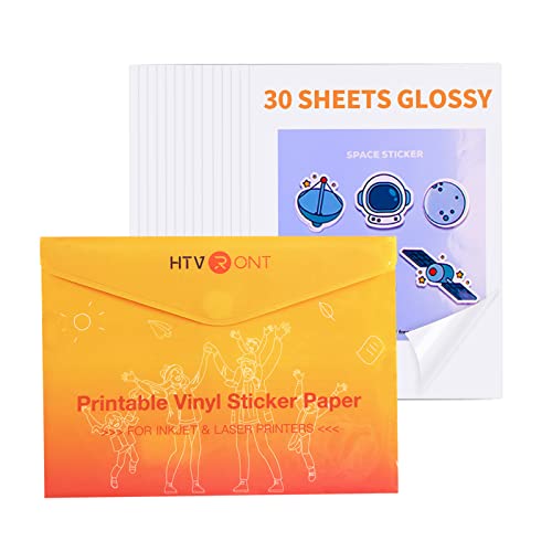 HTVRONT Printable Vinyl Sticker Paper - 30 Sheets Glossy Waterproof Sticker Paper for Inkjet Printer & Laser Printer, Dries Quickly & Tear Resistant 8.5"x11"