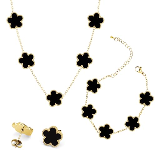 Lucky Clover Jewelry Set for Womens, 3 PCS-18K Gold Plated Flower Design Five Leaf Bracelet, Necklace, Earrings, Gift fou Daughter Mom Wife Friends on Birthday Anniversary