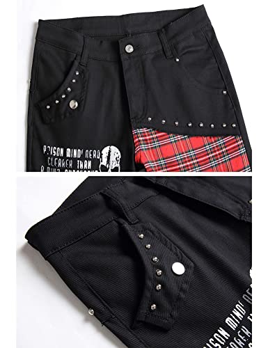 Men's Punk Rivet Plaid Patchwork Jeans3