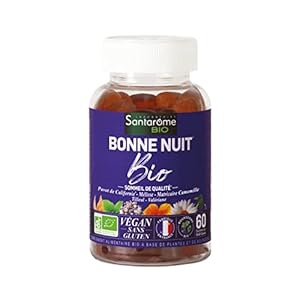 Santarome Bio – Gummies Bonne Nuit Bio – Gummies Sommeil – Qualité du Sommeil & Détente – Plantes Bio – Pavot, Mélisse, Valériane – 60 gummies-1 mois- Végan- Made In France- Goût cassis