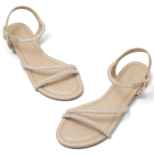Greatonu Women's Rhinestone Flat Sandals with Ankle Strap Open Toe Sandals Wedding Bridal Prom Sparkly Bling Comfortable Dressy Sandals2