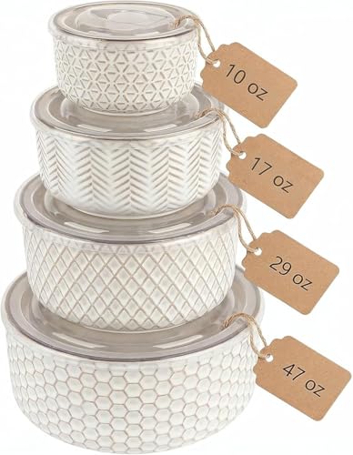 KooK Mixing Bowls, with Lids, Ceramic Nesting Bowls, Space Saving, Set of 4, Embossed, Kitchen, Prep, Stackable, Mix, Gift, Microwave and Dishwasher Safe, 10/16/29/47 oz, Narbonne Collection (Ivory)