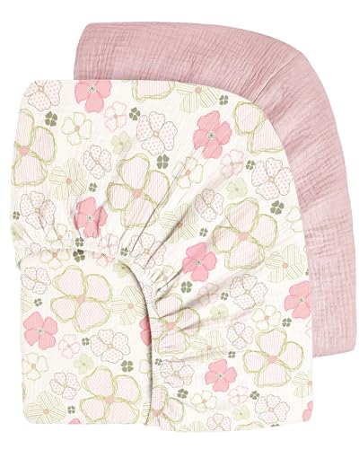 Image of Bearmoss Muslin Crib Sheets 100% Cotton Baby Crib Sheets Fitted for Standard Crib Mattress & Toddler Bed Mattress 52"x28" Soft Breathable Crib Sheets Neutral for Boys Girls - 2 Pack (Pink Flower)