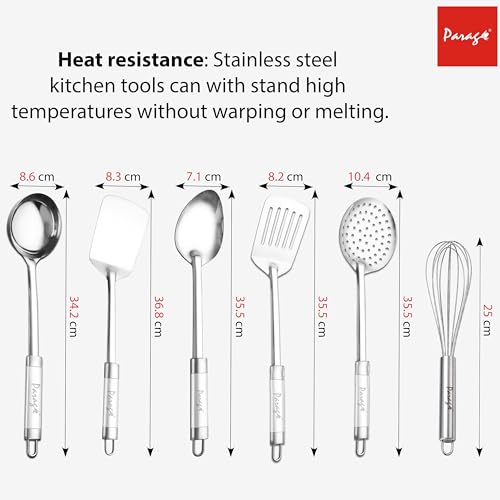 Parage 6 Pieces Stainless Steel Kitchen Tools for Cooking & Serving, Basting Spoon (Chamcha), Ladle(Karchhi), Slotted Turner, Skimmer(Jhara), Turner/Spatula (Palta), Blending Egg Whisk, Silver