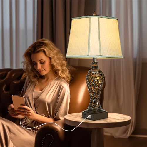 28.5" high Vintage Brown Table Lamps Set of 2 - Bedside Lamp with Faux Silk Shades - for Bedroom and Living Room with USB and Nightlight - Perfect for Nightstands and Bedrooms (Bulb Included)