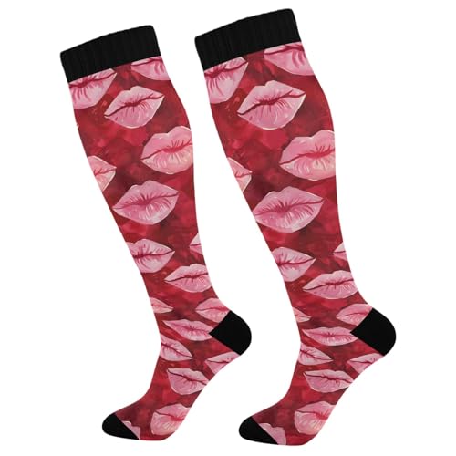 ALAZA Athletic Compression Socks Knee High Socks Stockings for Women Red Lips 2 Running Circulation Sport Football