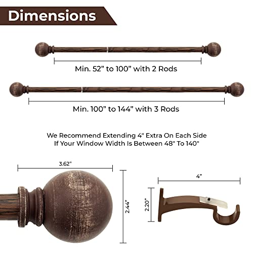 Image of Deco Window Adjustable Curtain Rod for Door & Windows with Brackets Set Curtains Hanging Extendable Iron Metal Pipe Holder with Finials (52 inch-144 inch, Mahogany Wood)